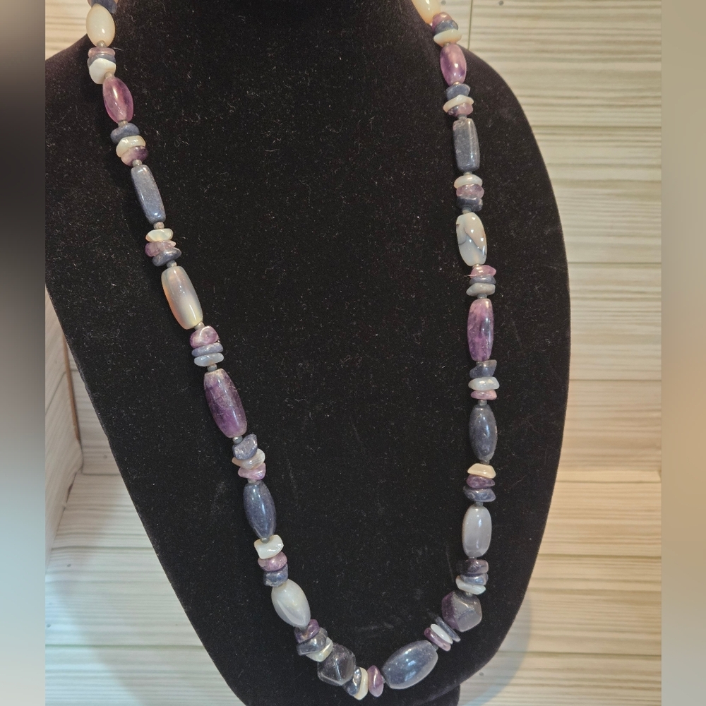 Purple Mixed Natural Stone Beaded Boho Necklace 30”